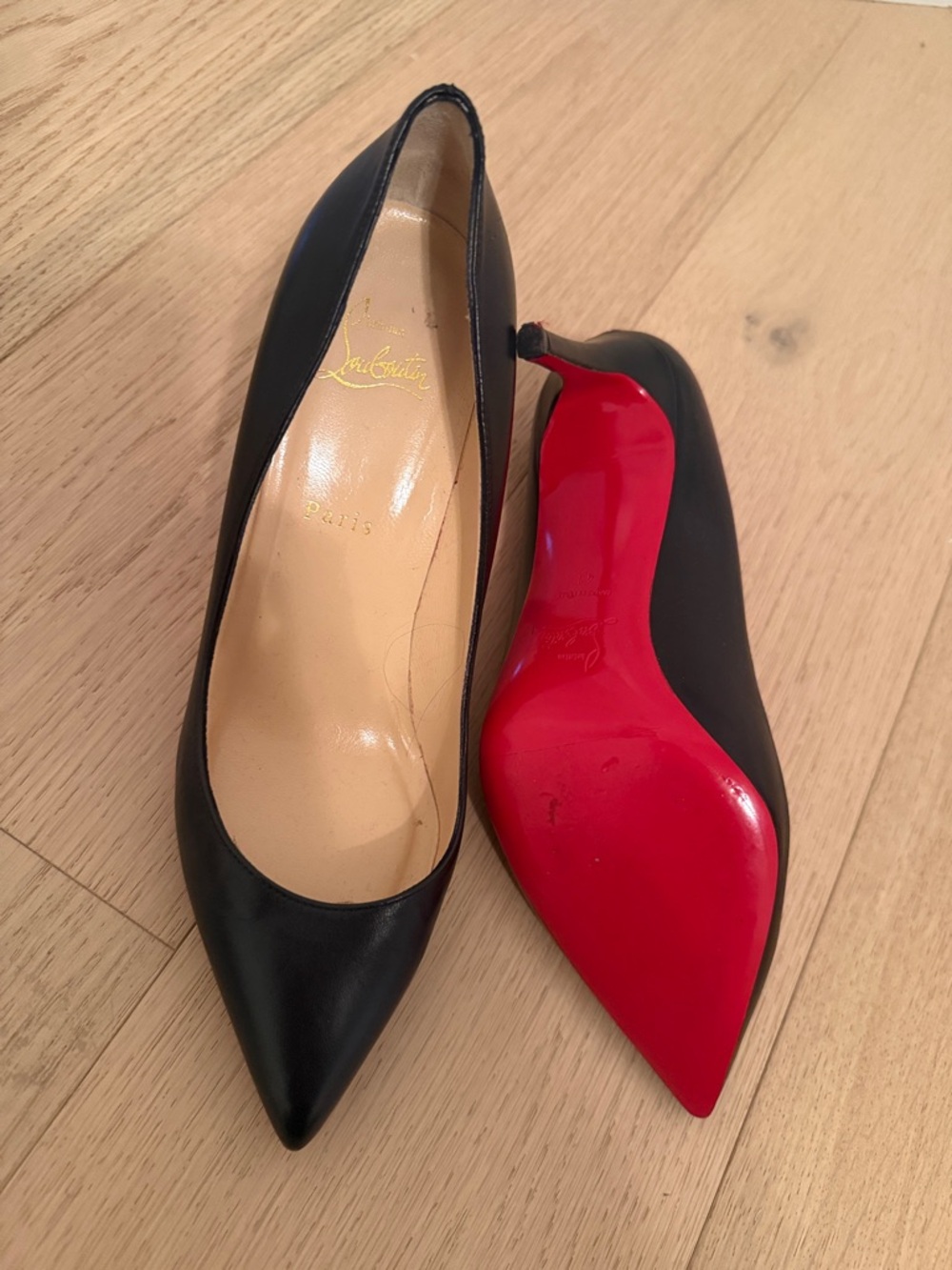 Christian Louboutin Black Leather Pointed Toe Pumps with Red Sole
